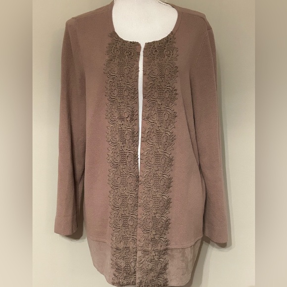 Chico’s Lace-Front Open Cardigan Taupe Sweater - Picture 4 of 13